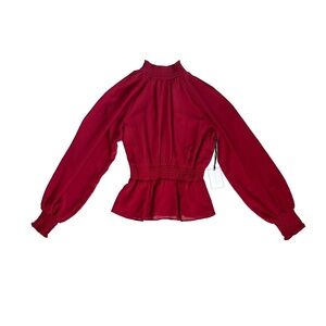 1.State Top - Smocked Neck, Long Sleeves, Cinched Waist - Red - Size XS